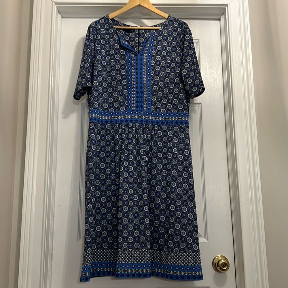 Talbots Navy Printed Short-Sleeve Midi Dress with Blue Trim